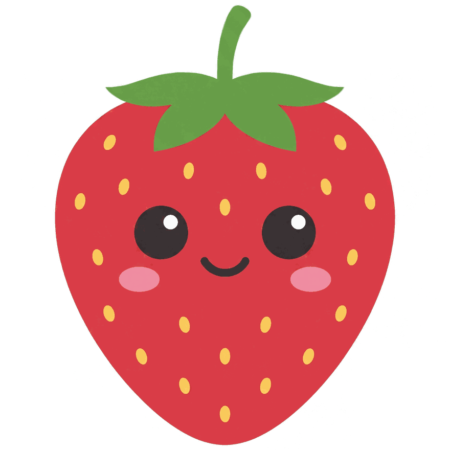 Clara — a happy cartoon strawberry with big glossy eyes and blush cheeks